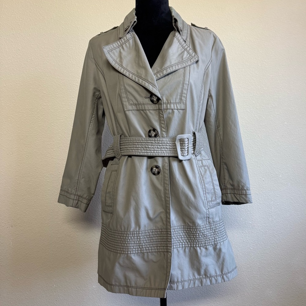 Laundry jacket women medium cotton blend button down belted trench coat tan
